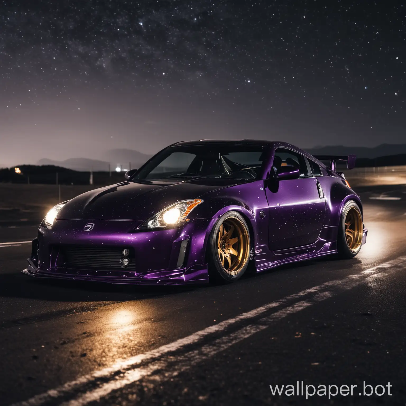 midnight purple widebody 350z, drifting on a track at night with alot of stars