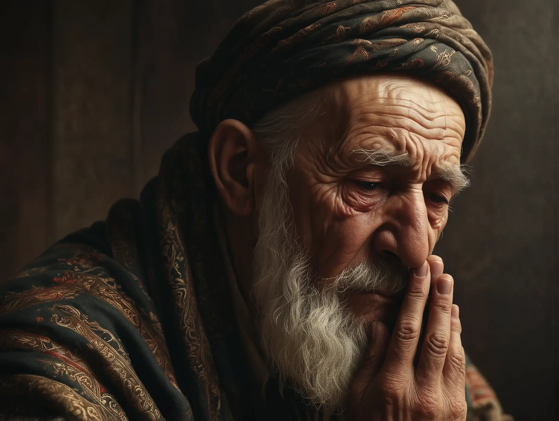 Ottoman period, an old man praying. face close-up. crying. 16:9 format. realistic and cinematic