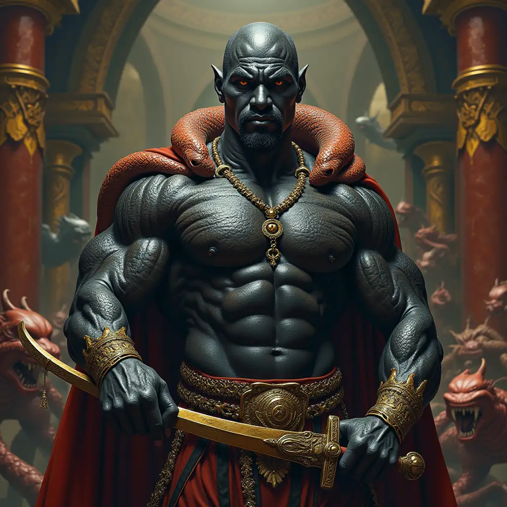 Ultra detailed hyperrealistic portrait black bodybuilder with snakeskin, with a sword in a palace with various strange creatures with intricately detailed, colorful