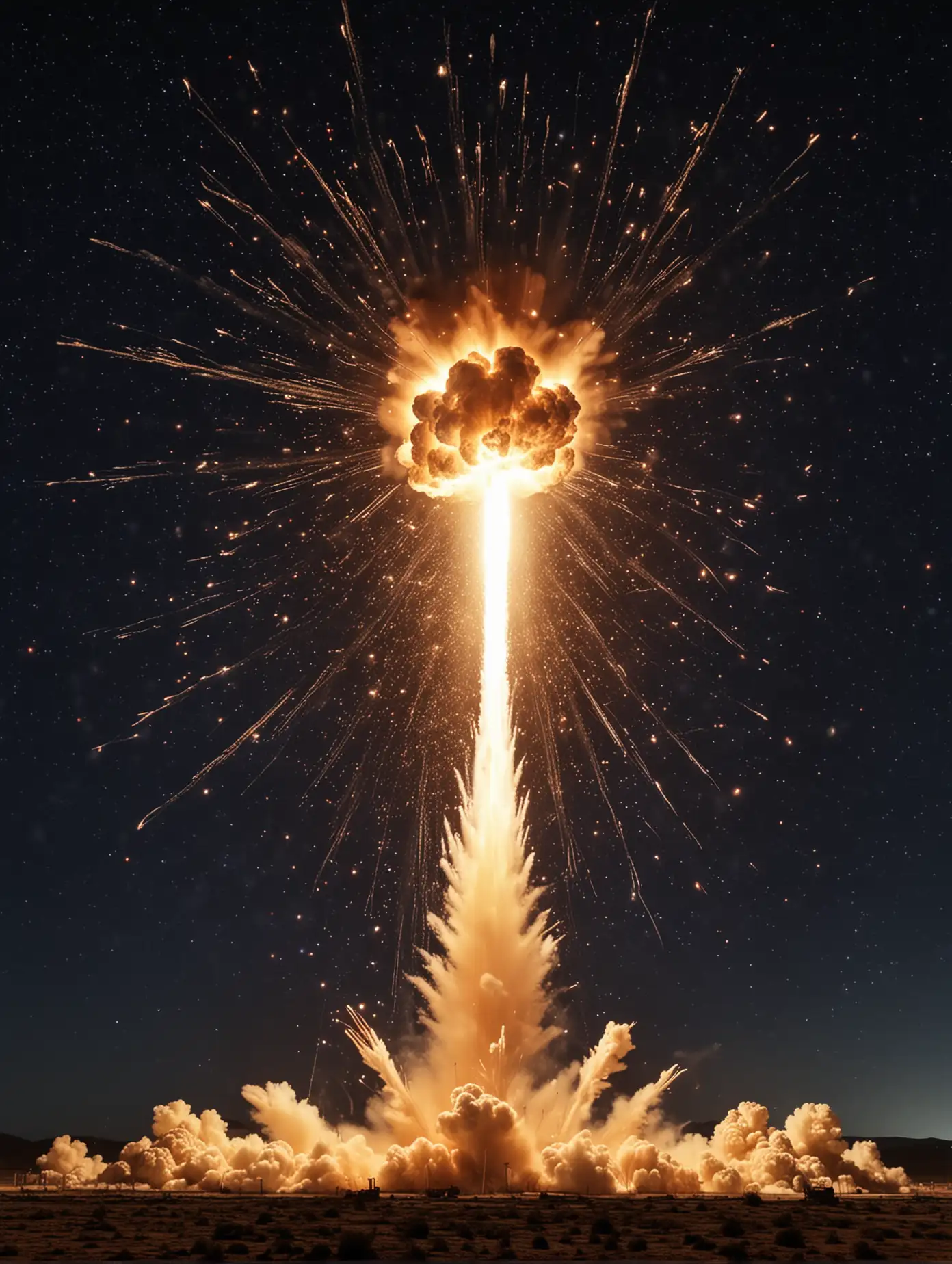 An image of a minor explosion in the sky caused by the defense firing at the fired missiles. with the background of night sky.