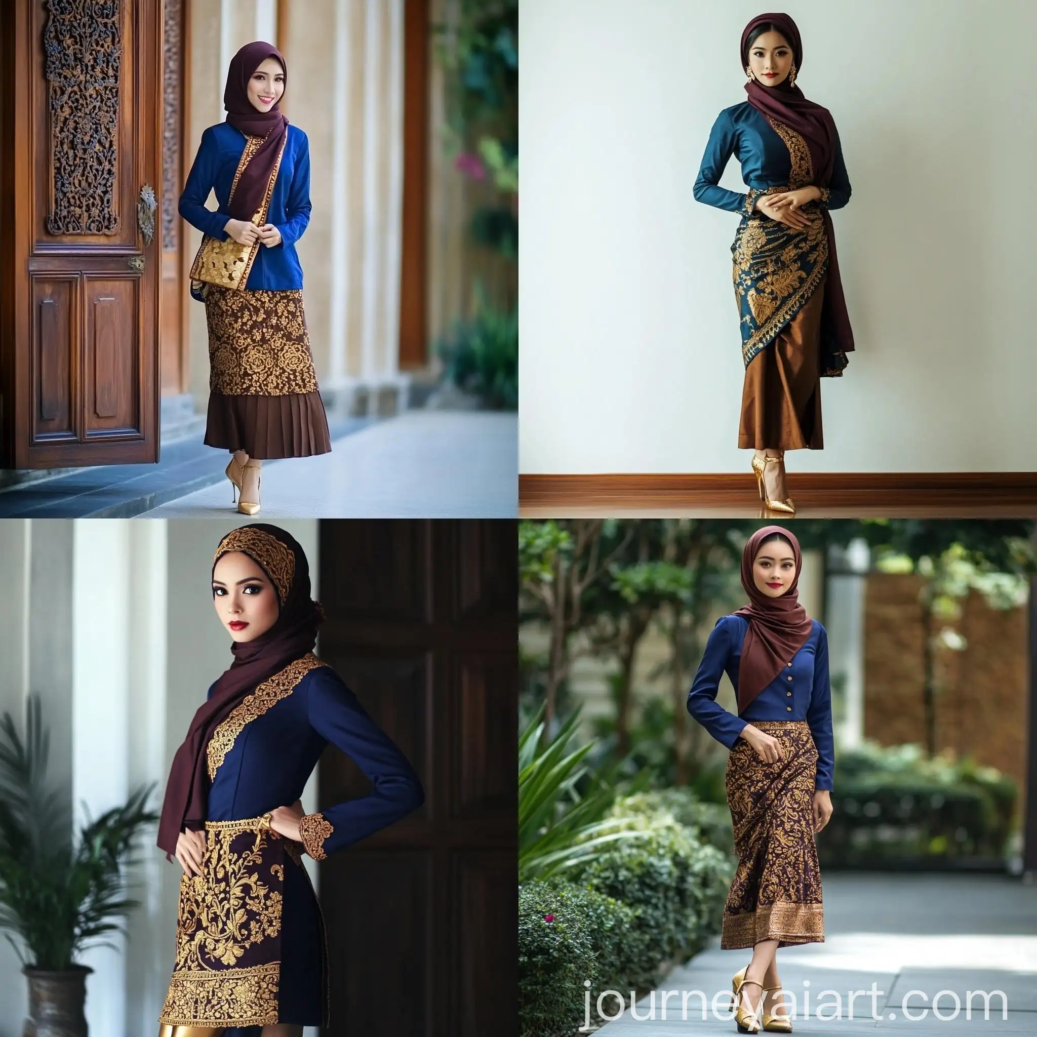 Traditional-Indonesian-Blue-Navy-Kebaya-with-Brown-Songket-Skirt-and-Maroon-Scarf