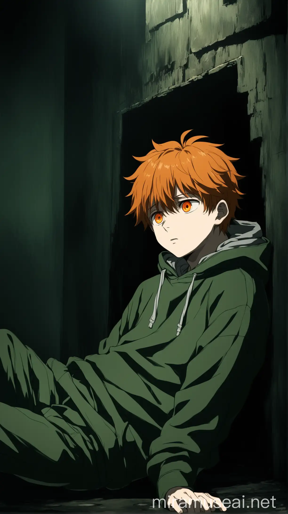 Depressed Young Boy in Dark Green Anime Underground Room