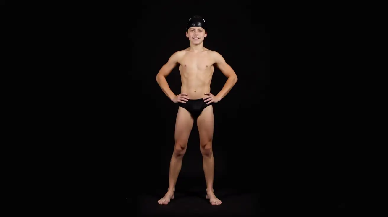 Full body pose of a 10-year-old white short American boy. He's wearing black swimmer speedo and swim cap. He is posing in studio, in a low key style, with black background. The boy has a fit and muscular body.