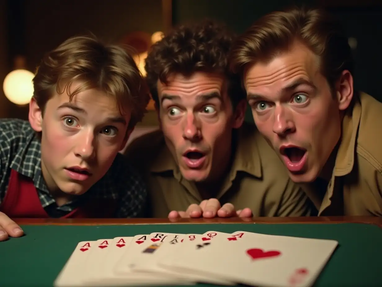 CloseUp-of-Astonished-Young-Men-with-Four-Aces-on-Bar-Counter-in-60s-Style