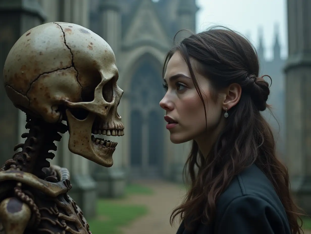 Young Woman Gazing at a Blurry Skull with a Gothic Cathedral Background