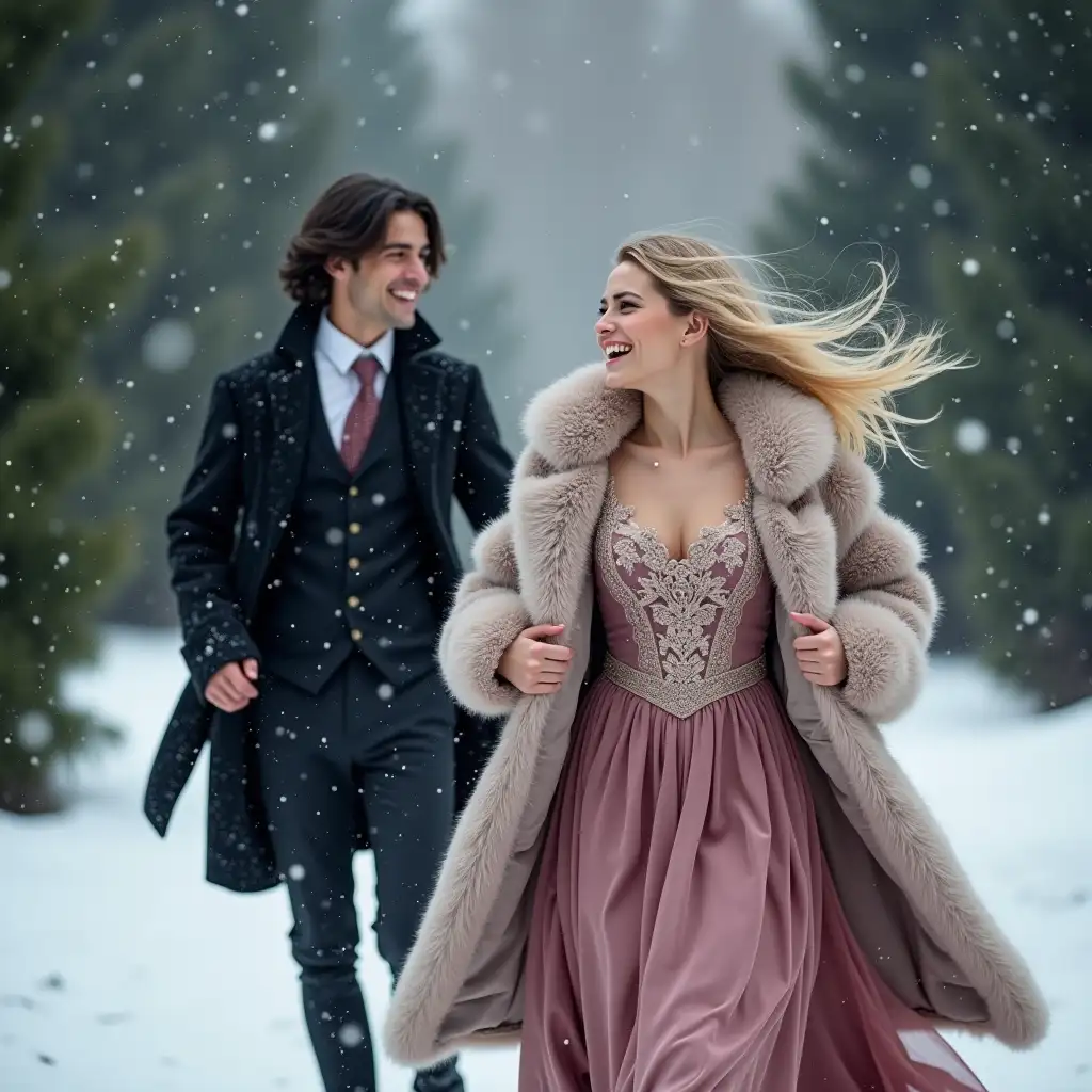 Winter, close-up a young charming blonde in a luxurious dark pink fluffy long dress with lace and a fur coat, jokingly laughing, runs away from a dark-haired, stately, handsome young lord with shoulder-length black hair in dark clothes, Victorian style of clothing, dynamic pose, a snowy Victorian park with dense fir trees, snowfall, luxury, falling snow, masterpiece, hiperdetalied, raw style