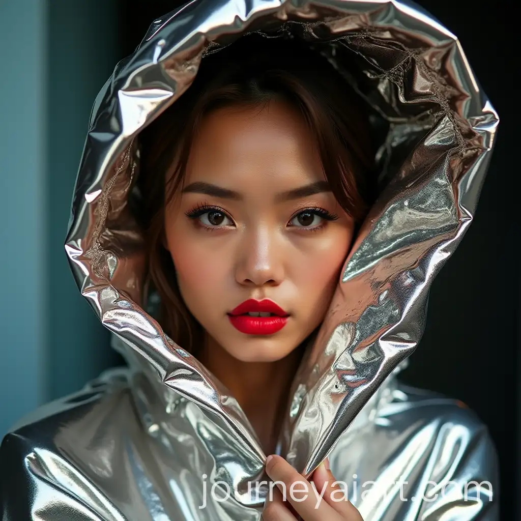 Woman-in-Metallic-Shimmer-with-Bold-Makeup-and-Red-Lips