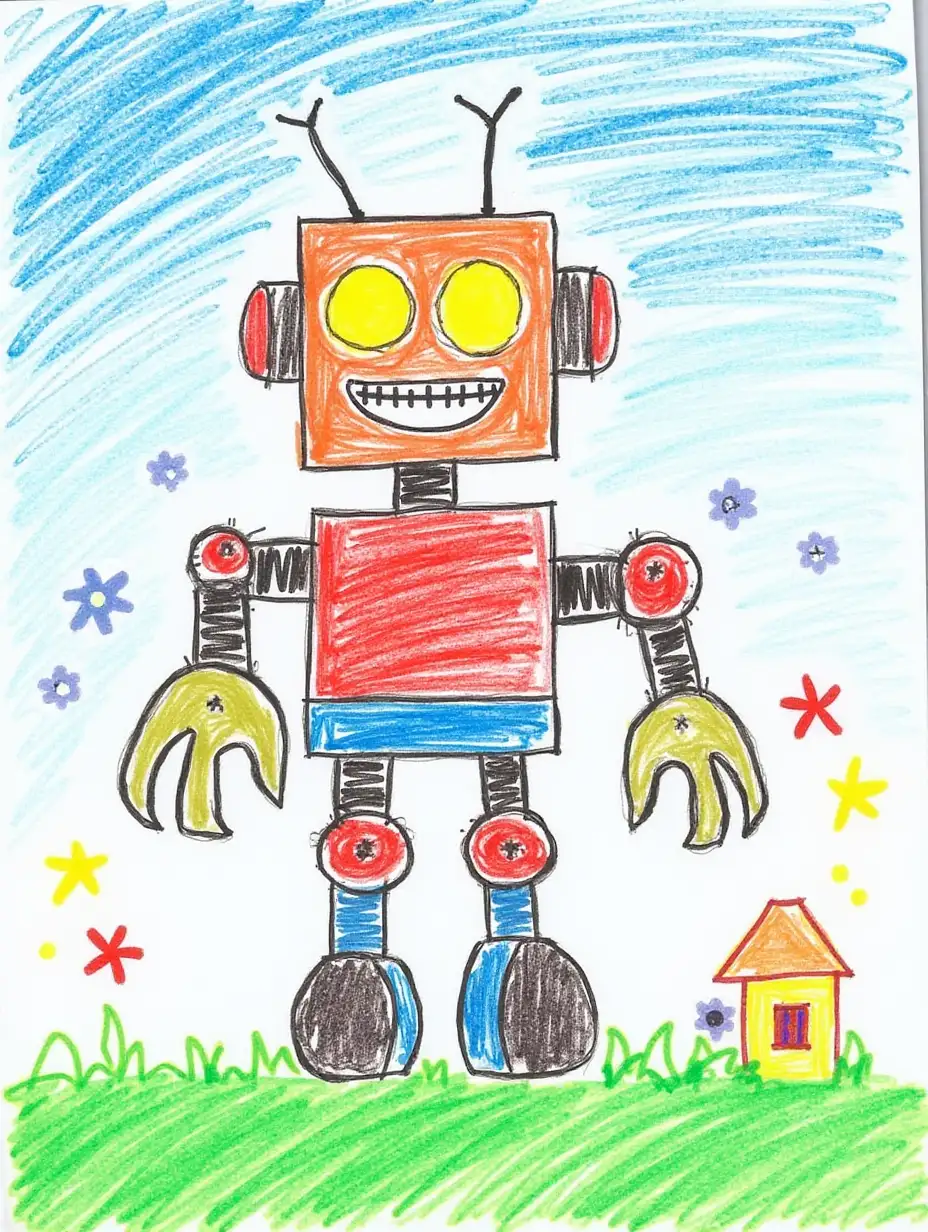 A crayon drawing of a playful and colorful robot made by a child. The robot has a boxy, cheerful design with a square head, glowing yellow eyes, and a big smiling mouth. Its body features bright primary colors like red, blue, and yellow, with mismatched arms that end in claw-like hands. The legs are chunky and cartoonish, with wheels or springs for feet. The background is a simple, childlike scene with a blue sky, green grass, and random playful doodles like gears, stars, and a little house in the distance. The drawing has the uneven, textured strokes typical of crayon art