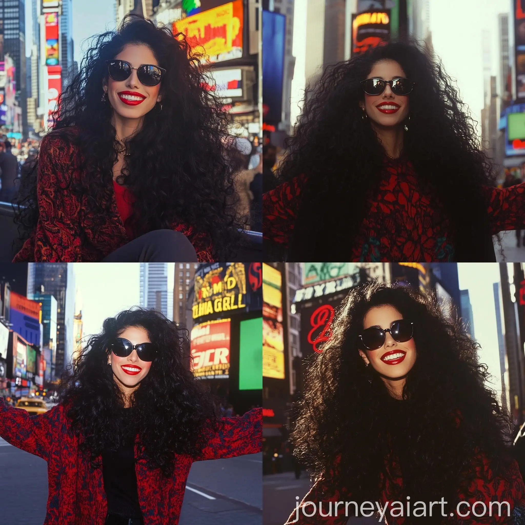Smiling-Woman-in-1994-Style-with-RayBan-Wayfarer-in-Times-Square
