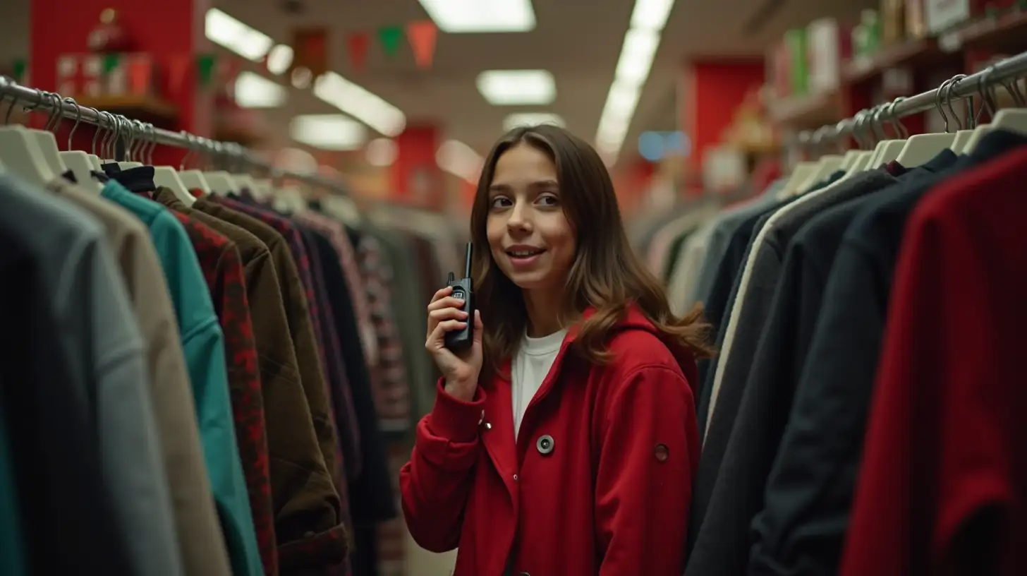 Brunette Teen Girl Communicating with Walkie Talkie in Festive Clothing Store