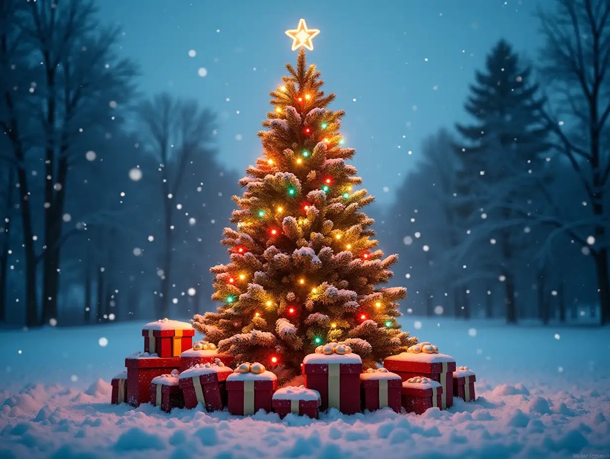 Festive-Christmas-Tree-Surrounded-by-Snowy-Gift-Boxes