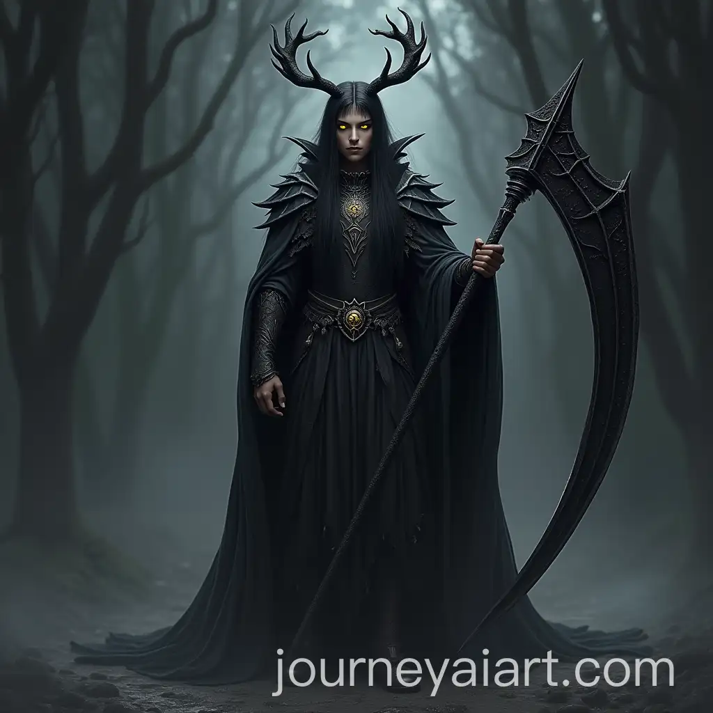 Young-Fantasy-Void-God-with-Scythe-and-Antlers-in-Abyssal-Realm
