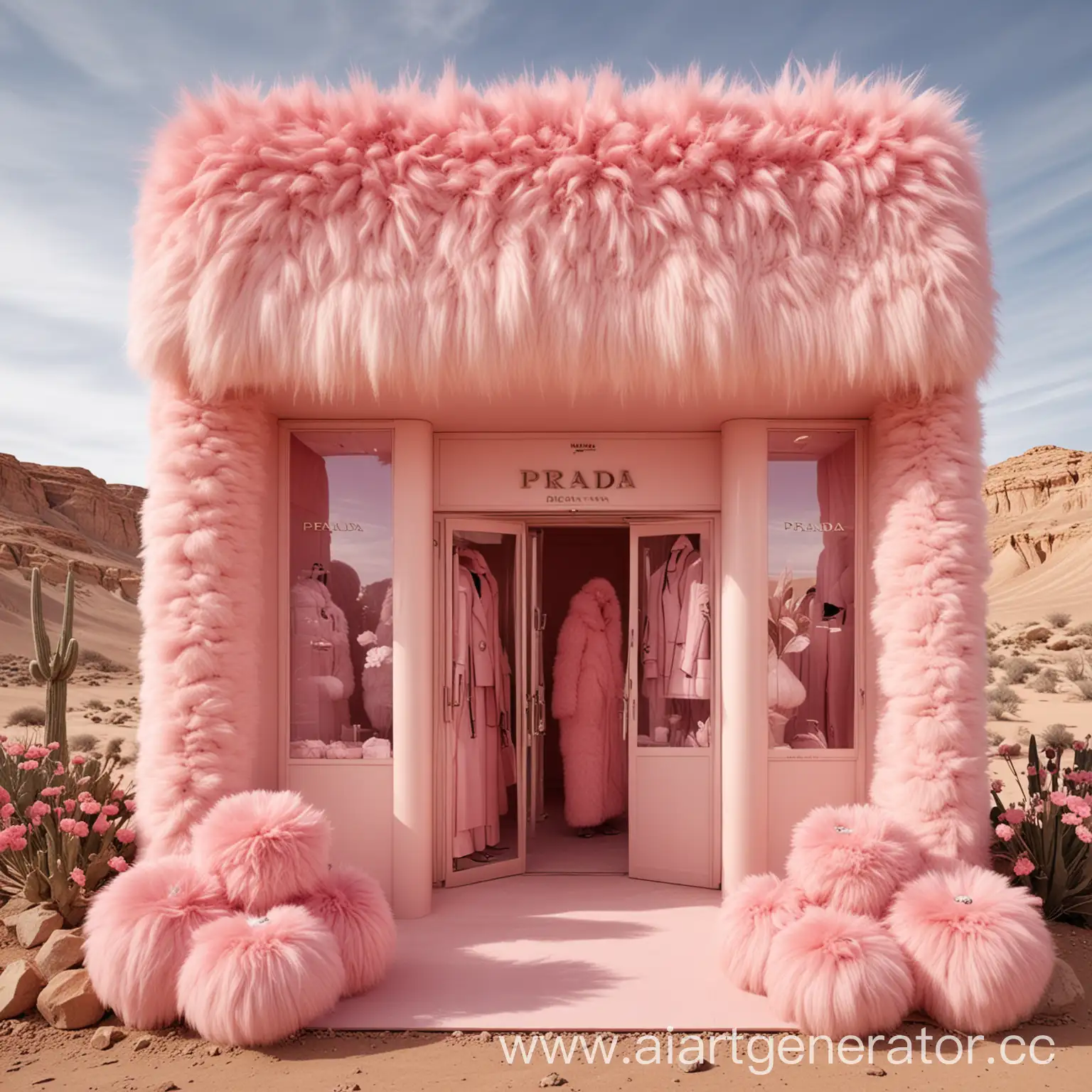 A futuristic flower
Shop similar to a prada
boutique, decorated with pink fluffy fur stands in a minimalist desert, warm shades