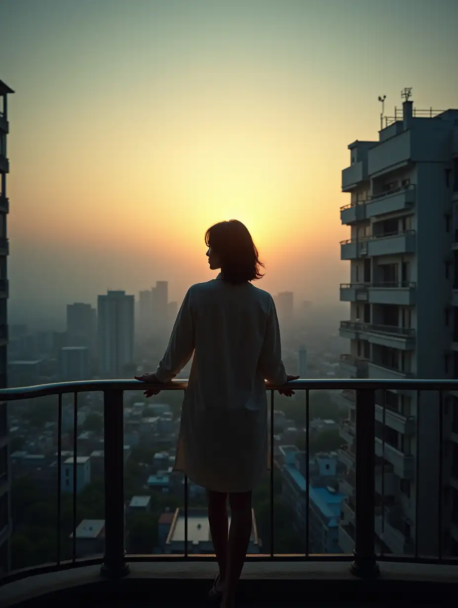 Real-life photography: In the early morning, Faye Wong stands lazily on the balcony of a the tallest building in the small town, overlooking the city before dawn.