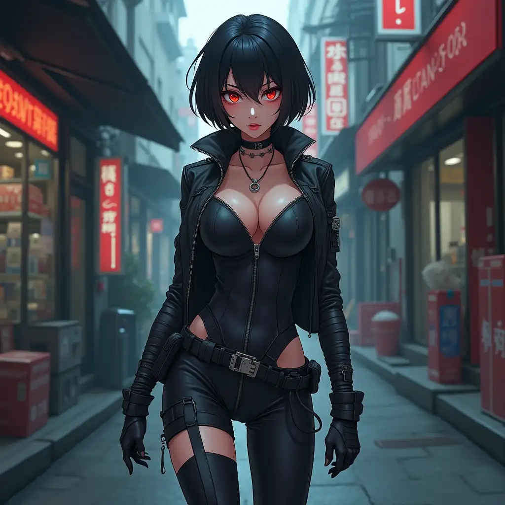 Short hair, mature Asian woman thief cyber runner in a dynamic full-length pose, eyes with red electronic pupils, large breast, extreme skintight body glove zipped down with cleavage, combat boots and combat belt. Full view of her body from boots up, low wide angle. Future store filled city alley street. Anime