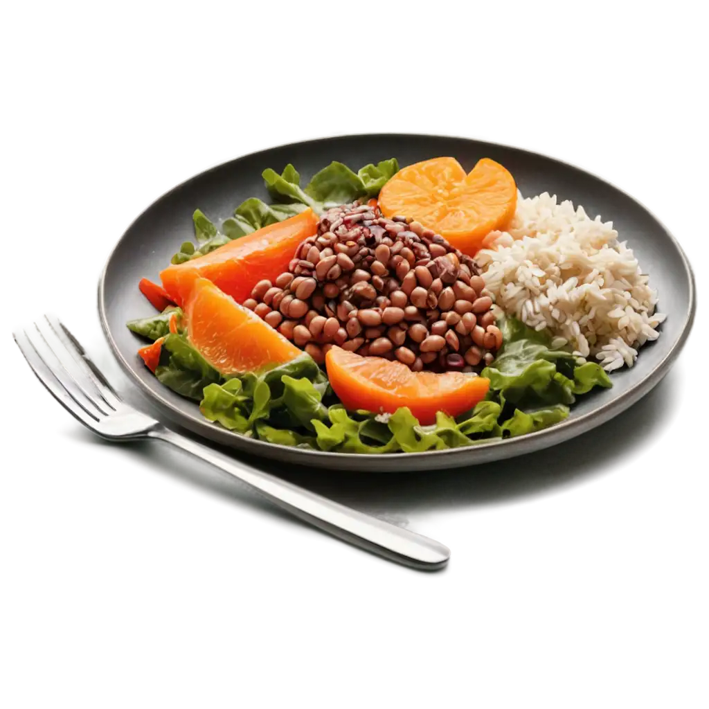 A food plate with orange tones with cutlery fork and knife beans rice salad meat...