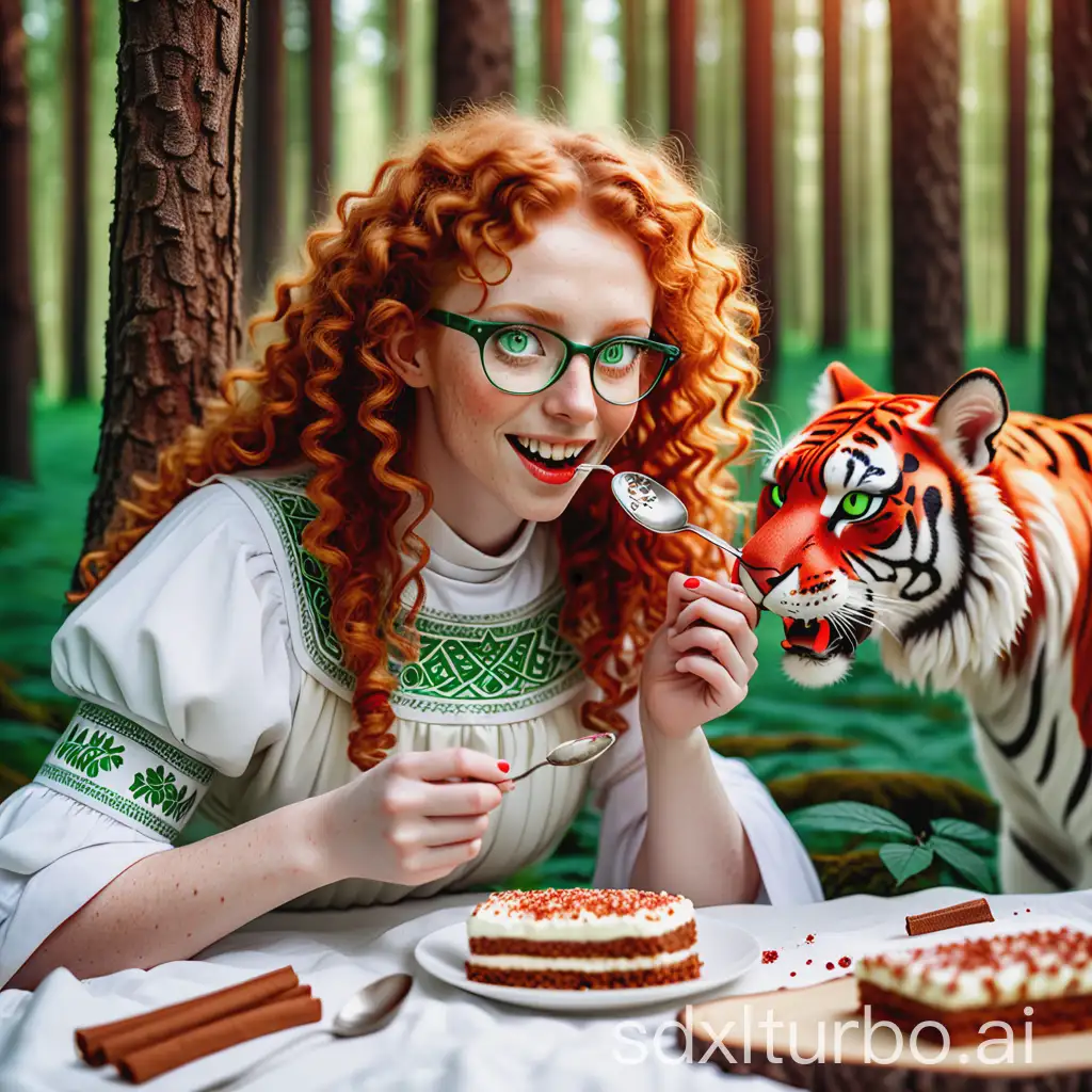 30YearOld-Woman-in-Traditional-Slavic-Dress-Enjoying-Tiramisu-in-a-Sunny-Forest-with-Tiger