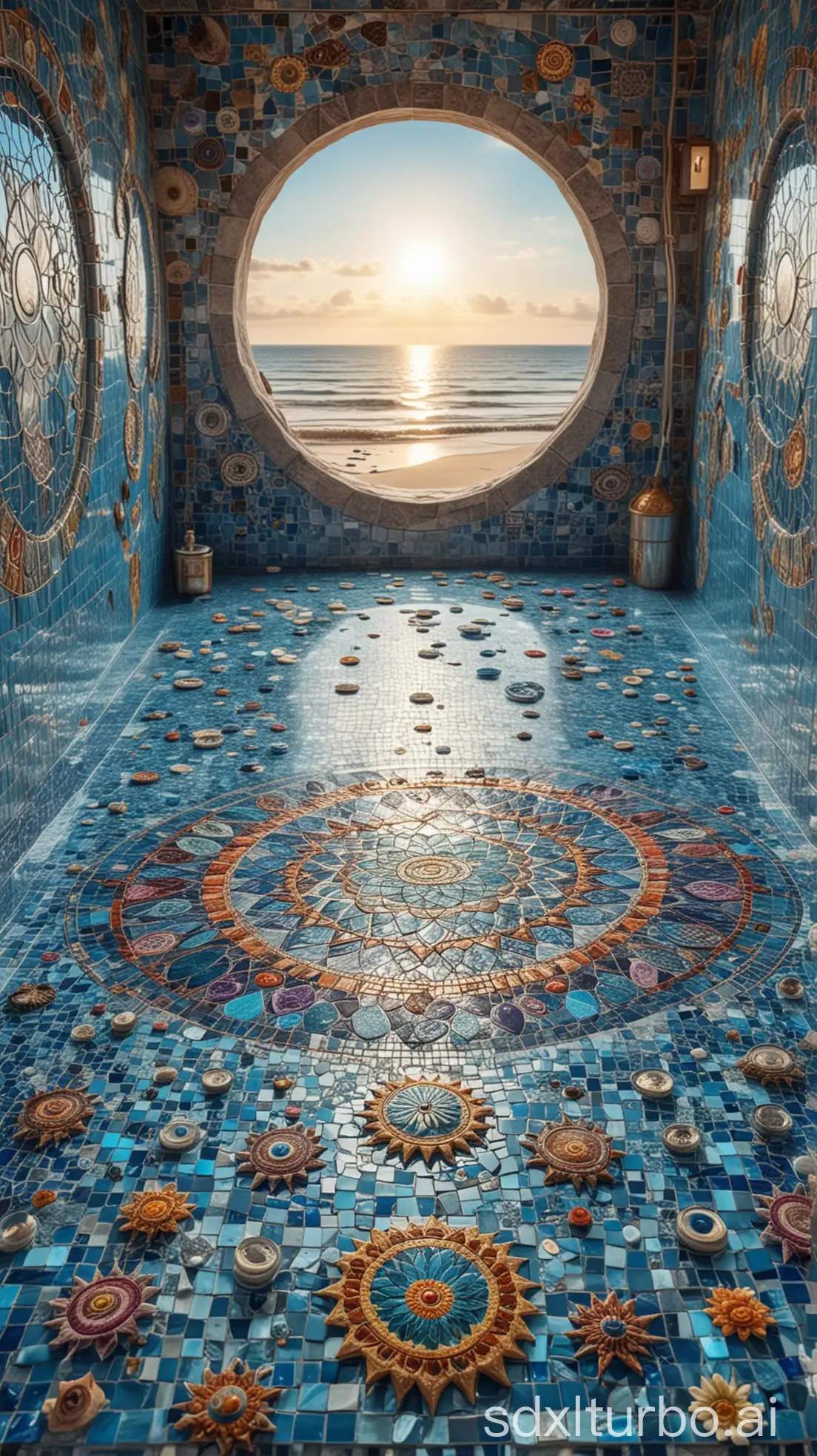 a vast luxury colorful alien spa in fantasy style,  glass cups, stopwatch on wall, sun mandalas in blue mosaic floor, beach in the background, peaceful, cold nordic atmosphere, highly detailed