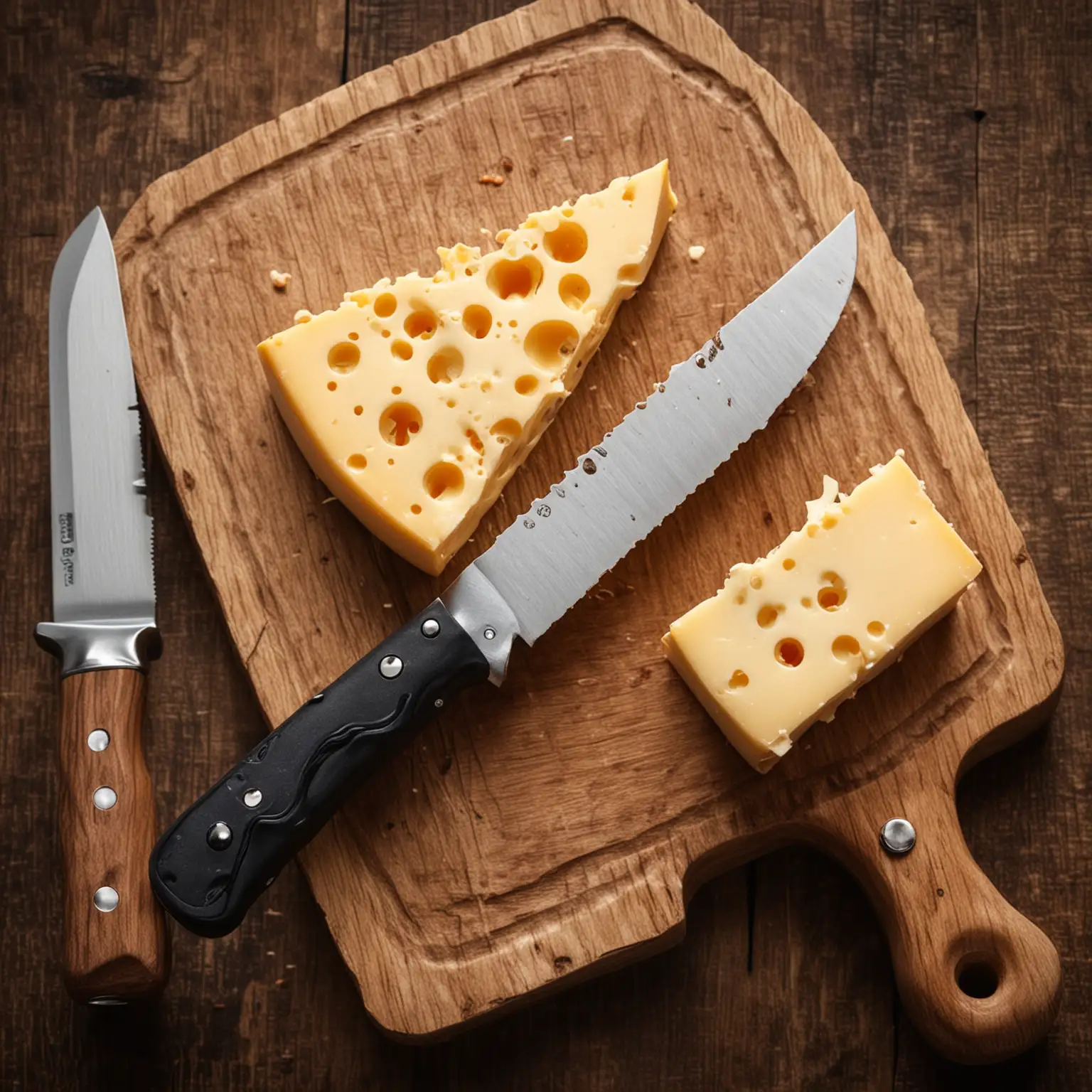 Cheese Knife on Wooden Cutting Board with Sliced Cheddar