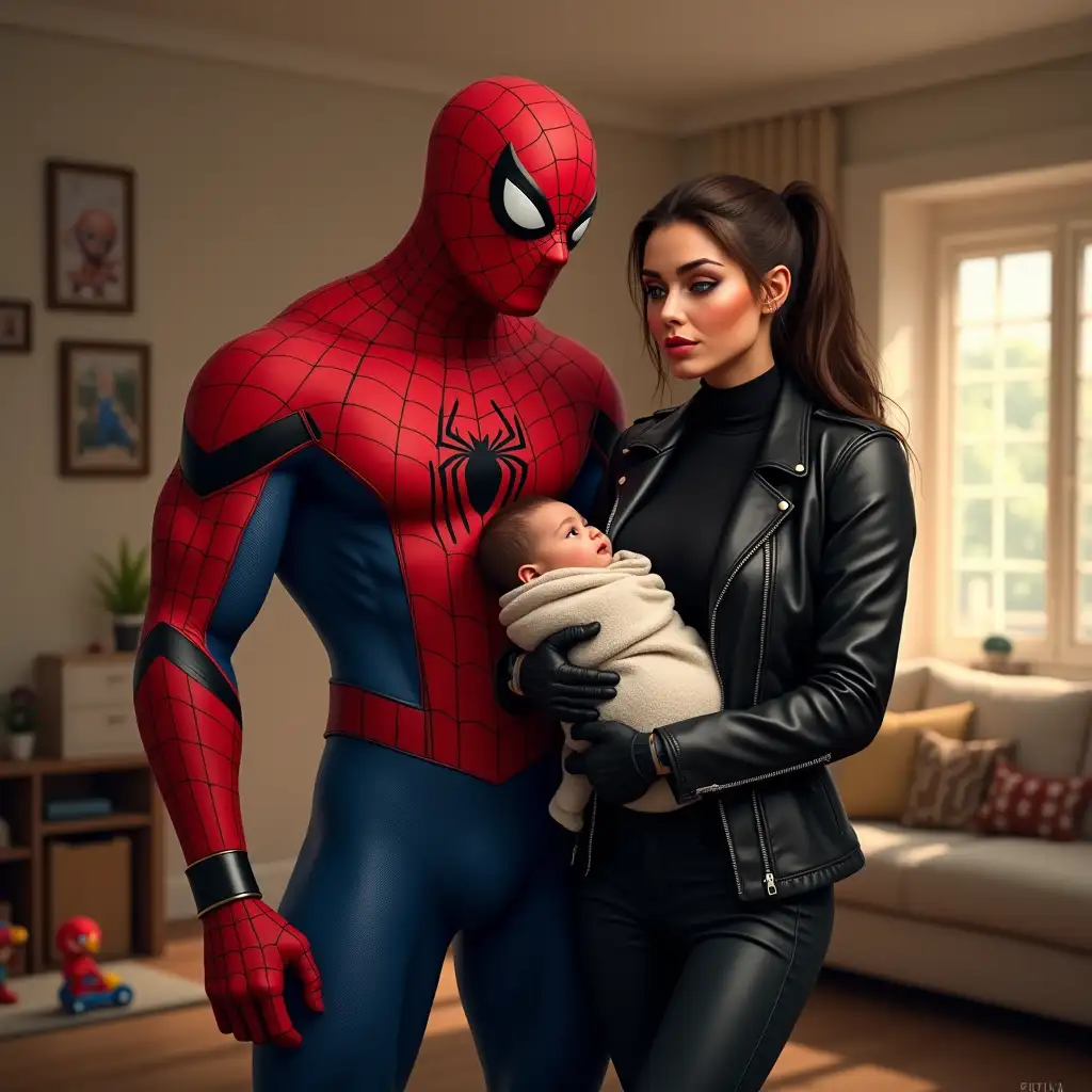 A family scene featuring a muscular Spider-Man in his iconic red and blue Spider-Man suit, standing beside his wife, a beautiful thief-like woman dressed in a black leather jacket, black turtleneck, black jeans, and gloves. She has a confident yet loving expression. They are in a cozy modern home, holding their adorable baby who is wrapped in a small blanket. The room has warm lighting, with family photos on the walls and toys scattered around to add to the family atmosphere. The overall scene conveys warmth and unity, blending superhero aesthetics with a domestic setting.