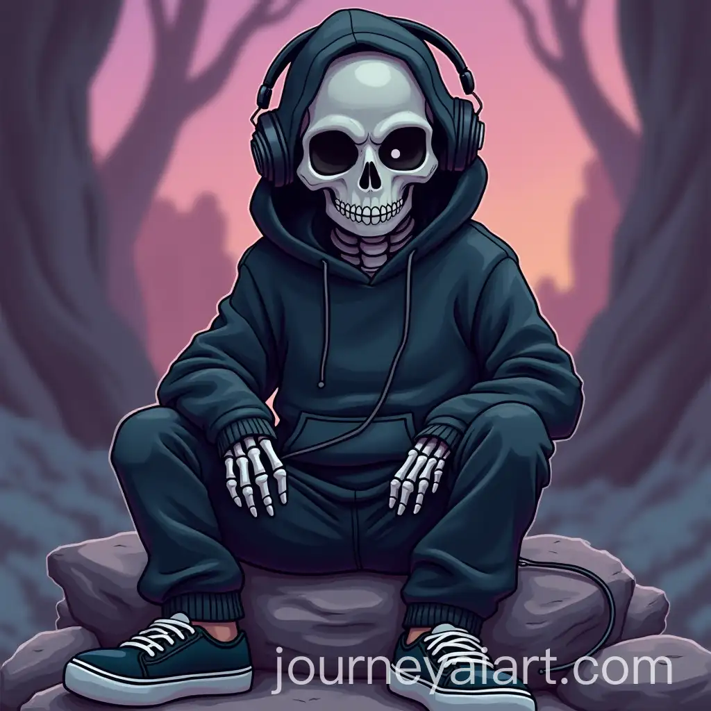 Skeleton-Wearing-Black-Hoodie-and-Joggers-Listening-to-Music-on-a-Rock