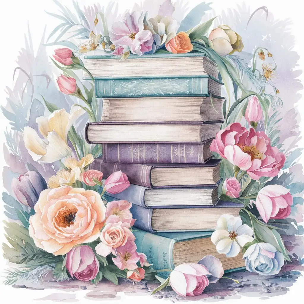 Watercolor Painting of Books with Surrounding Flowers