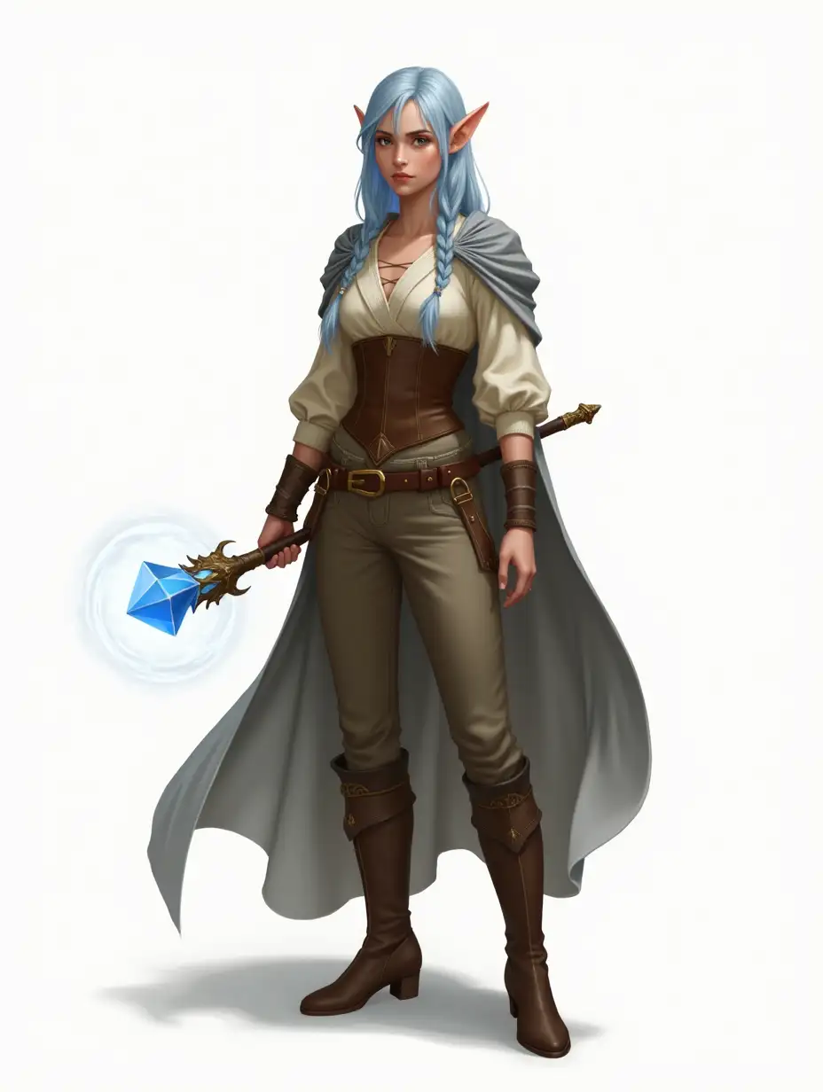 Full-body female elf, semi-realistic fantasy style. Mid-20s, average height, slim curvy build, pale skin. Long light blue hair in loose braid with face-framing bangs. Silver eyes, calm tired expression. Delicate sharp facial features, high cheekbones. Outfit: cream blouse under brown corset, earthy trousers, sturdy boots, cloak. Holding a blue crystal-tipped ornate staff with magic flickering at the end. Confident posture, soft lighting, solid white/grey background. Intricate details, sharp focus, painterly textures, mystical atmosphere.