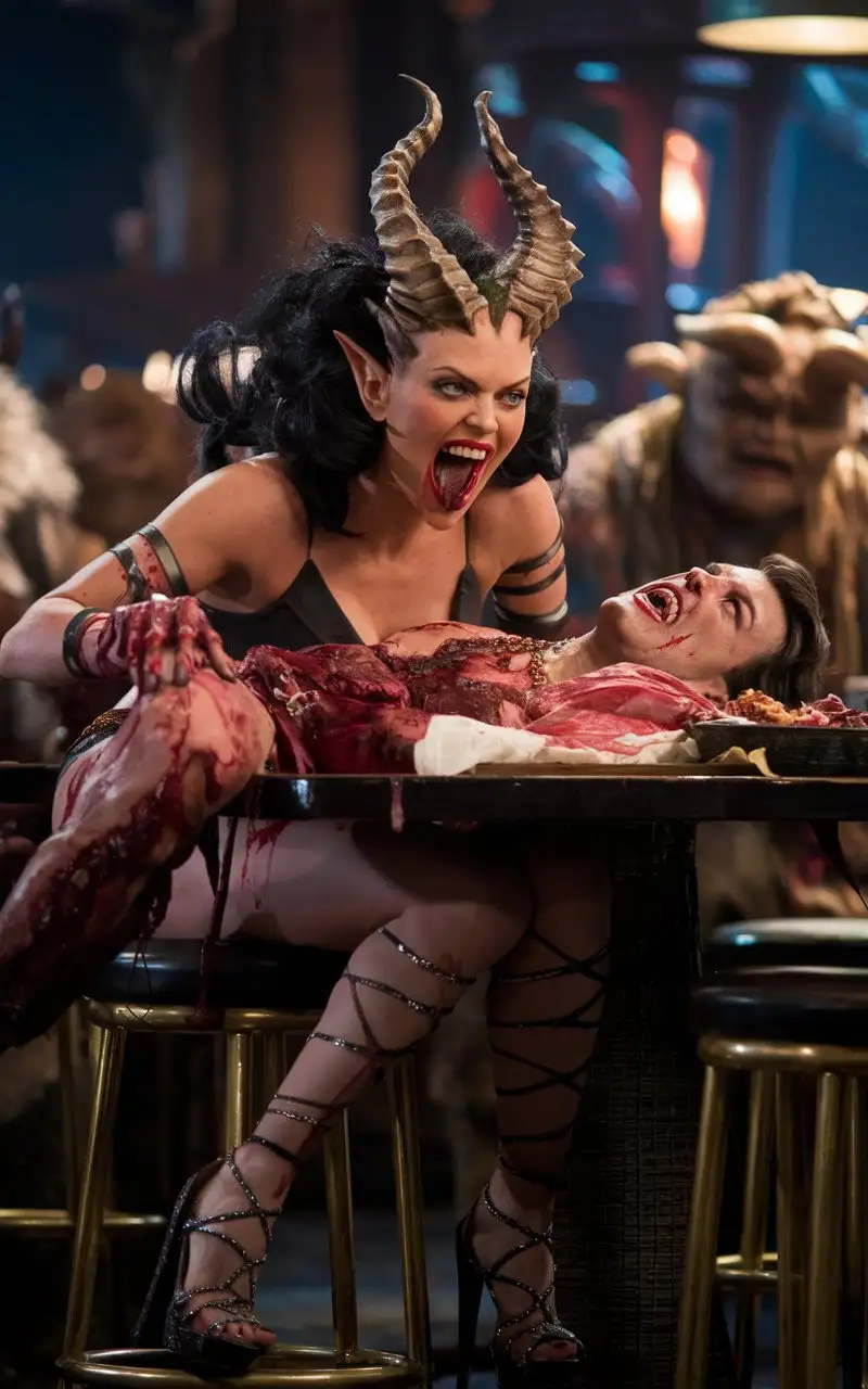 Cinematic-Fantasy-Bar-Scene-Featuring-a-Beautifully-Fierce-Monster-Indulging-in-a-Grisly-Feast