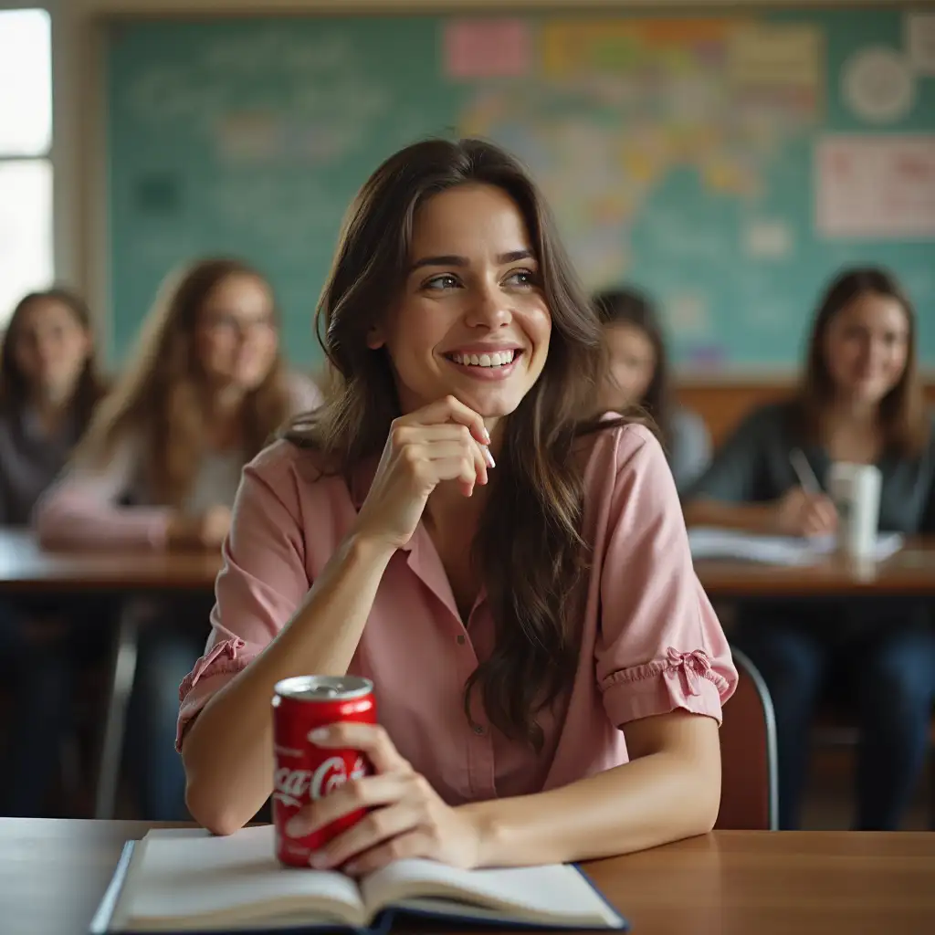 Teacher-Sitting-at-Desk-with-a-Coke-Can-in-Classroom