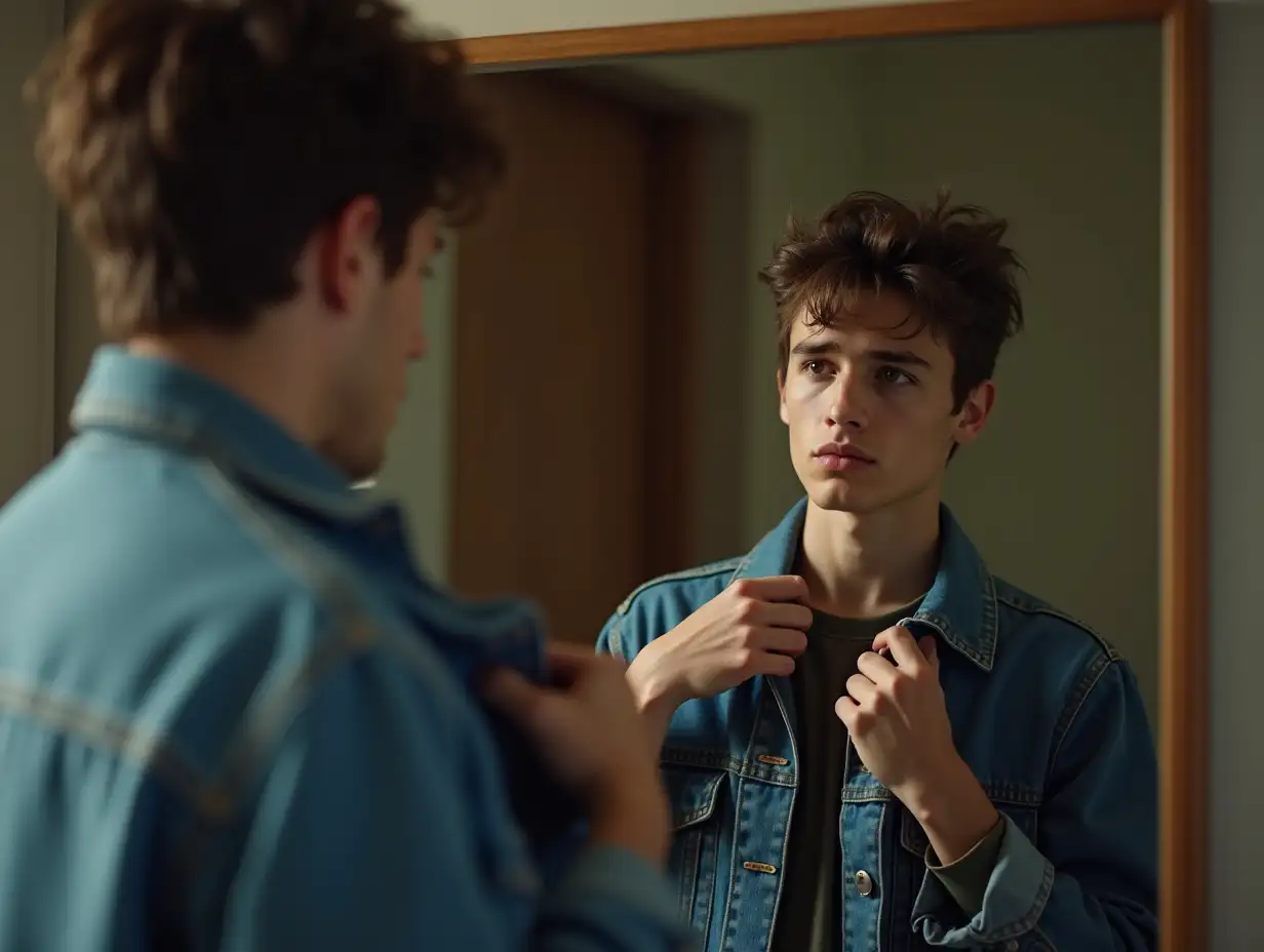 Young-Man-Reflecting-on-the-Past-While-Putting-on-a-Denim-Jacket-in-Front-of-a-Mirror