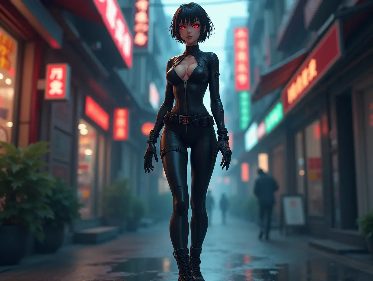 Short hair, mature Asian woman thief cyber runner in a dynamic full-length pose, eyes with red electronic pupils, large breast, extreme skintight body glove zipped down with cleavage, combat boots and combat belt. Full view of her body from boots up, low wide angle. Future store filled city alley street. Anime