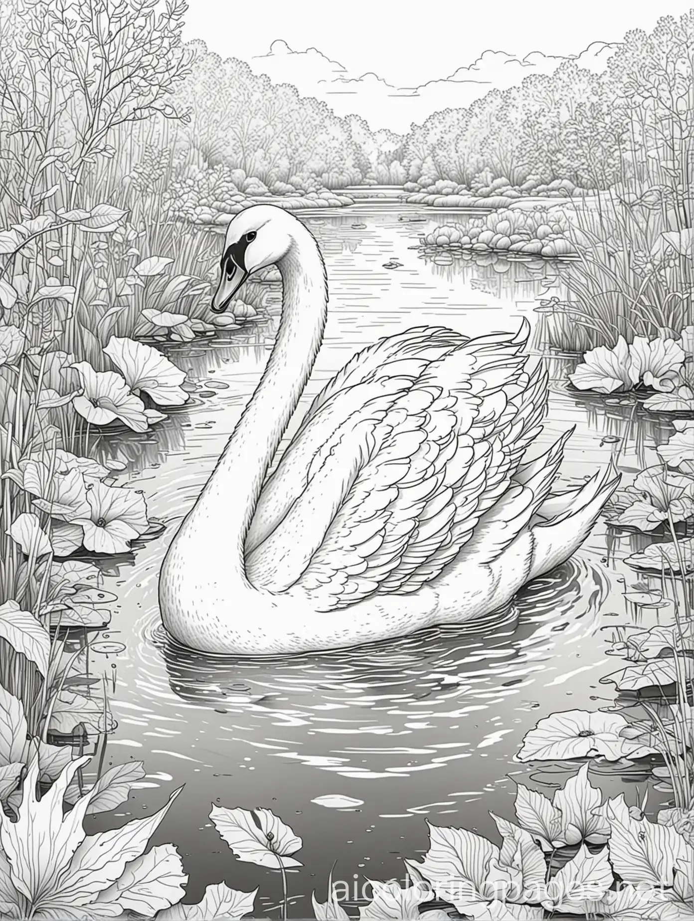 Swan-on-Pond-in-Fall-Line-Drawing-Coloring-Page-for-Kids