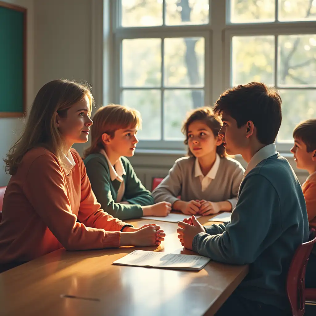 An image with characters, at school on the theme of work of the social and psychological service