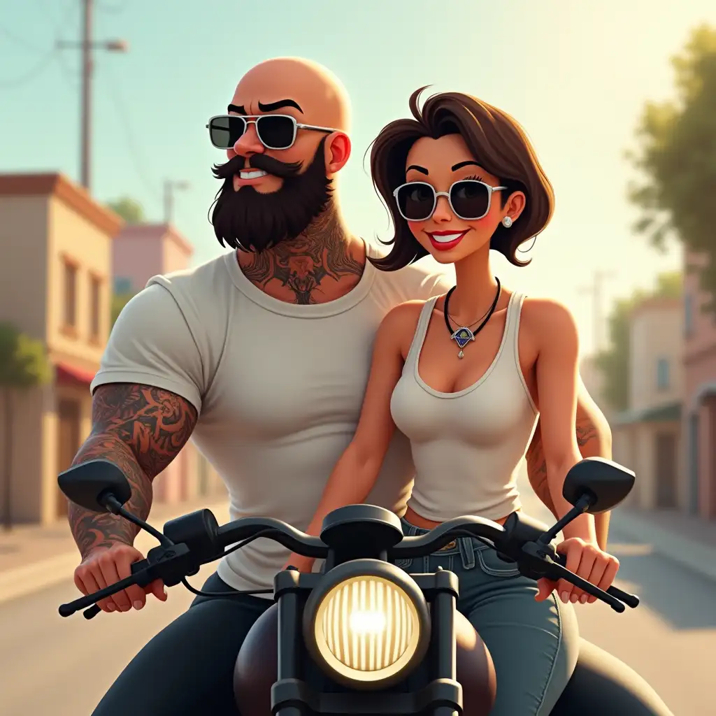 Create an animated image of a couple on a motorcycle, the man with tattoos on both arms and a diamond neck tattoo with beard, bald, black pants and white t-shirt, muscular. The woman with short bob hair, jeans and white sleeveless blouse, both with sunglasses