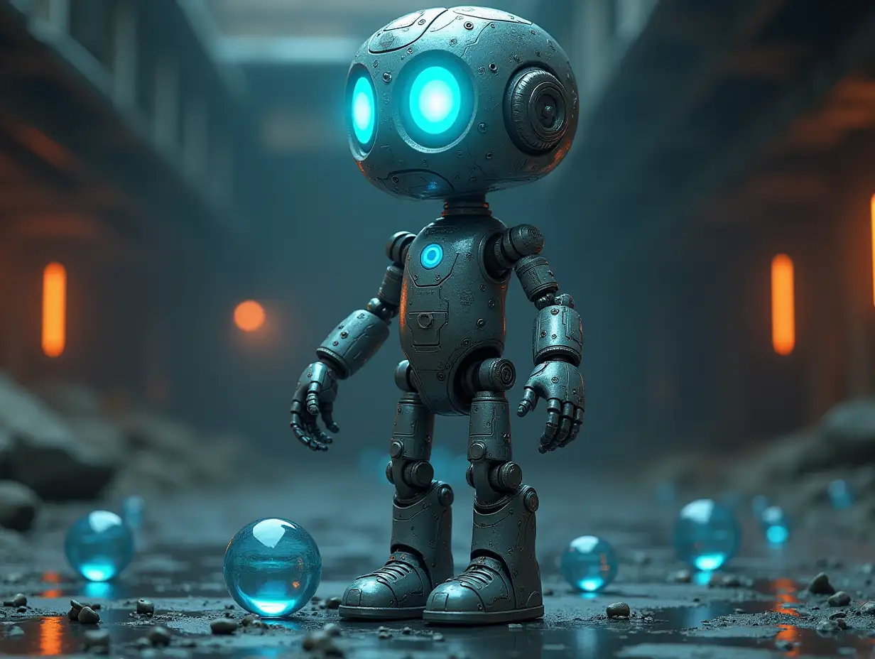 Create a high-resolution, realistic image of the artificial intelligence Robert, three meters tall, with eyes, arms and legs, with gears on the cheeks and glass head with visible glowing sapphire brain, screws with many glass spheres on the floor, Mars 4k resolution