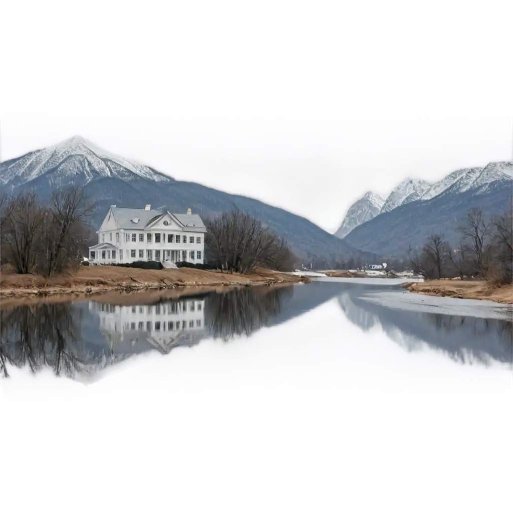 Explore-a-Serene-Scene-PNG-Image-of-a-White-House-with-Grey-Trim-on-a-River-with-Snowy-Mountains-and-Chimney-Smoke