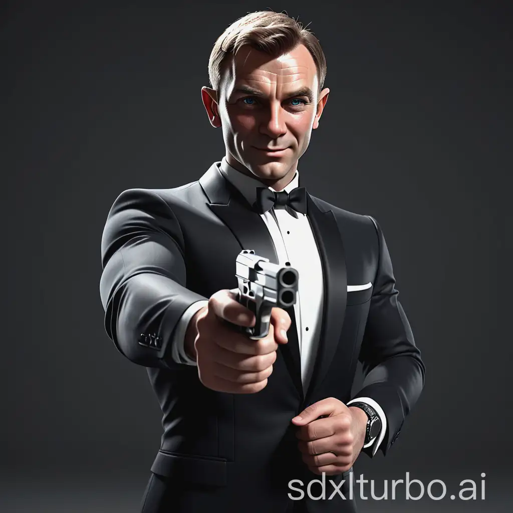 3D rendering, European man, both hands holding a gun, wearing a black suit, James Bond style, smiling faintly, 4k, very realistic, very focused