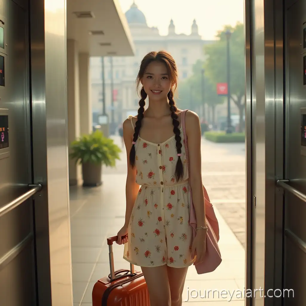 Tired-Yet-ResUniversity-girl-with-suitcasesilient-Asian-University-Girl-in-Floral-Sundress-with-Suitcases-in-Modern-Elevator