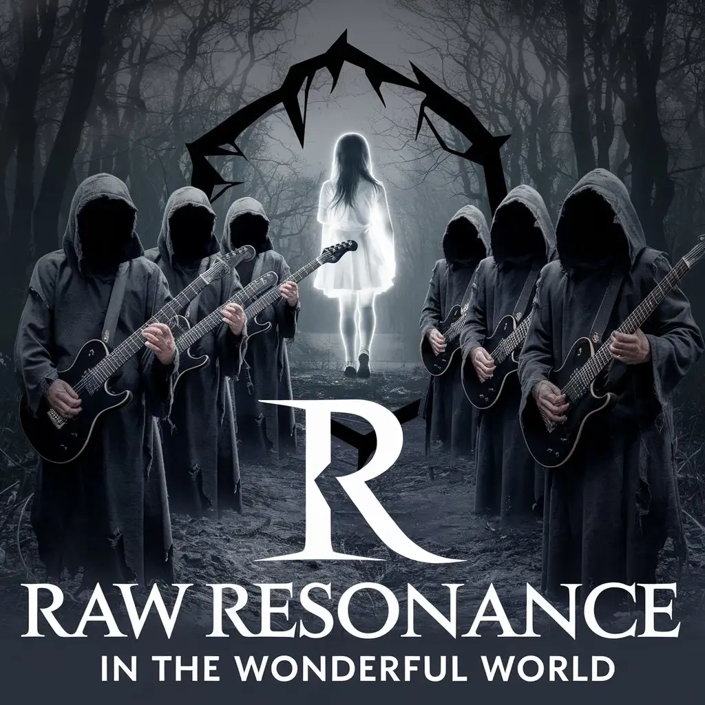 LOGO Design for Raw Resonance In The Wonderful World Dark Grim Forest with Monks and Glowing Ghost Theme