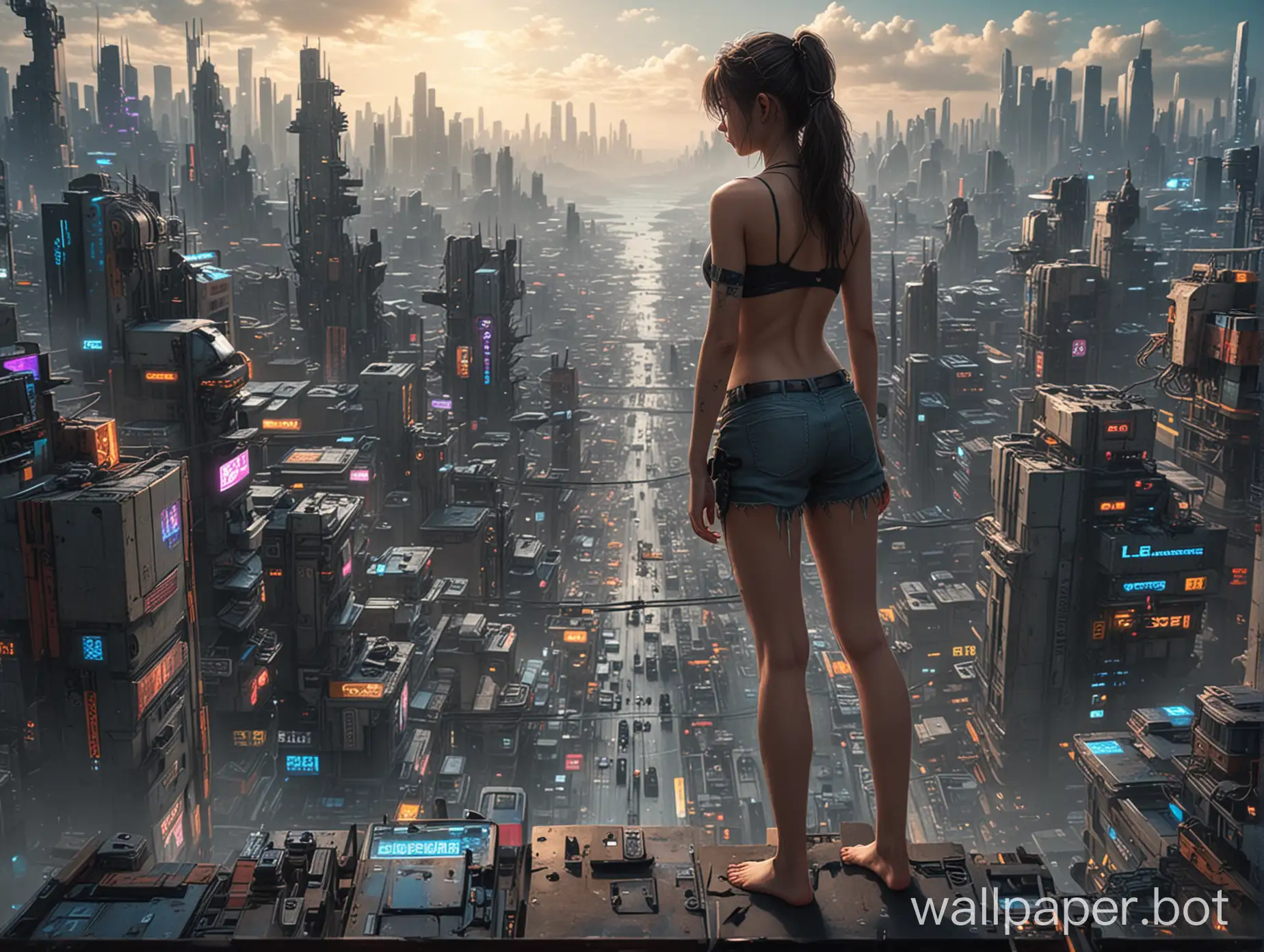 a cute young girl with bare feet looking out over a cyberpunk city