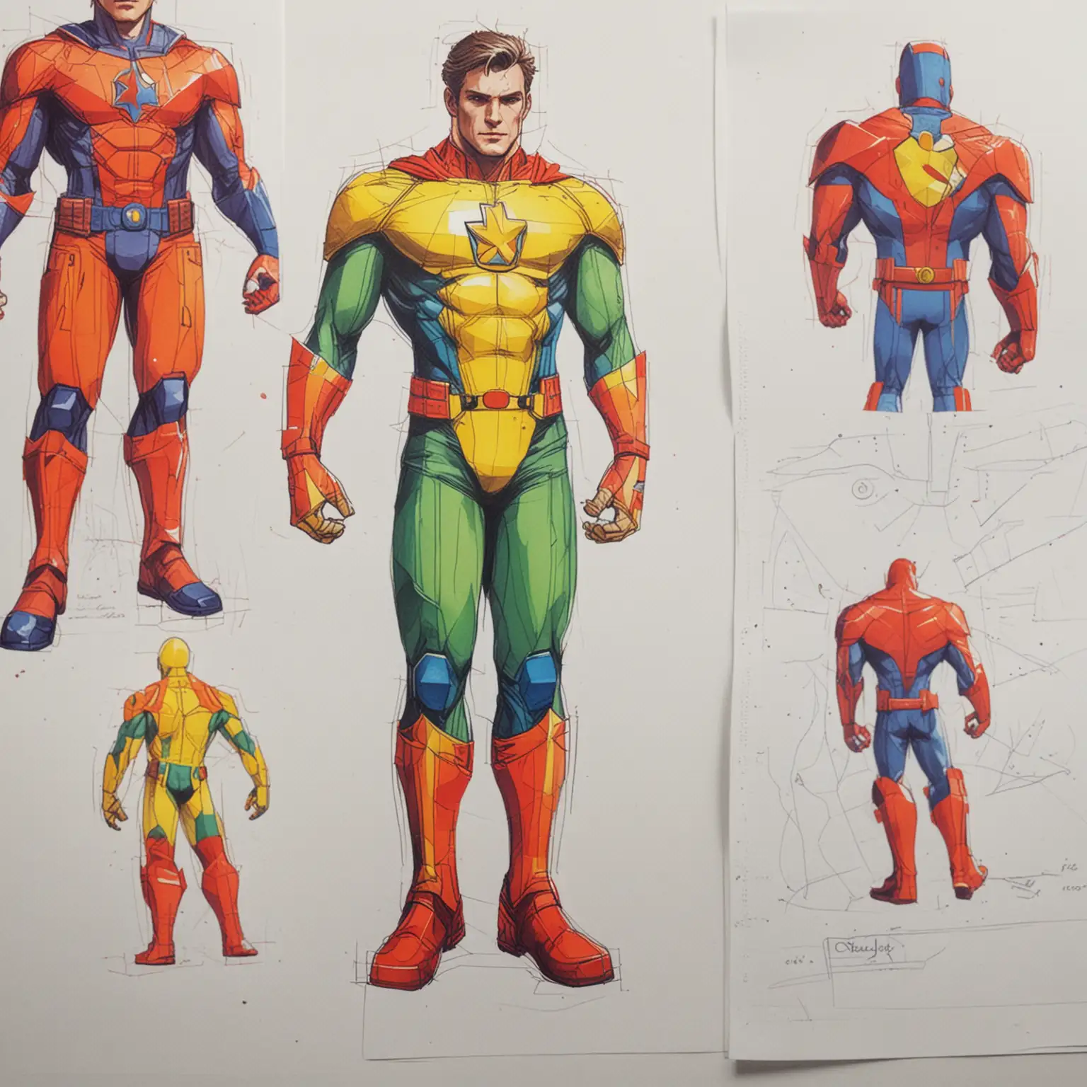 Sketches of Carpenter Superhero Suit in Bright Colors