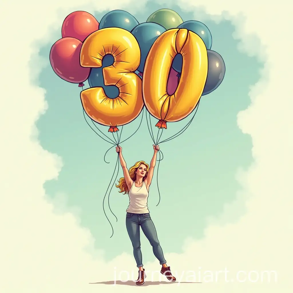 Blonde-Woman-Holding-Number-30-Balloon-Comic-Style-Liftoff