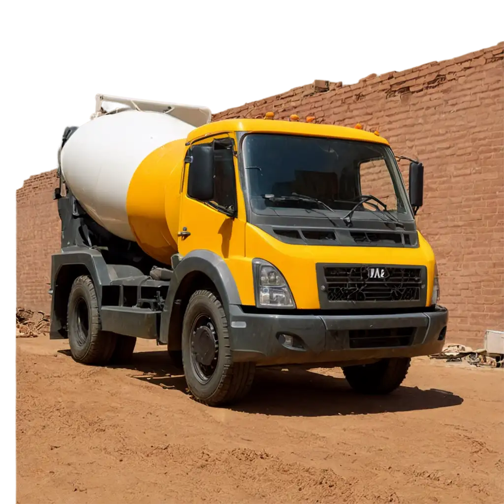 Concrete mixer truck on a construction site with brick background