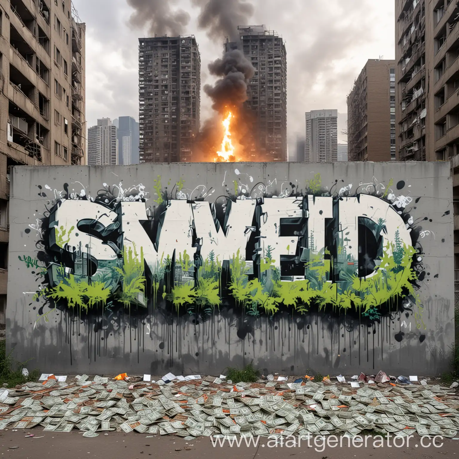 draw graffiti with the inscription SMWEED surrounded by money, abandoned high-rise buildings, smoke, explosions and the apocalypse in general