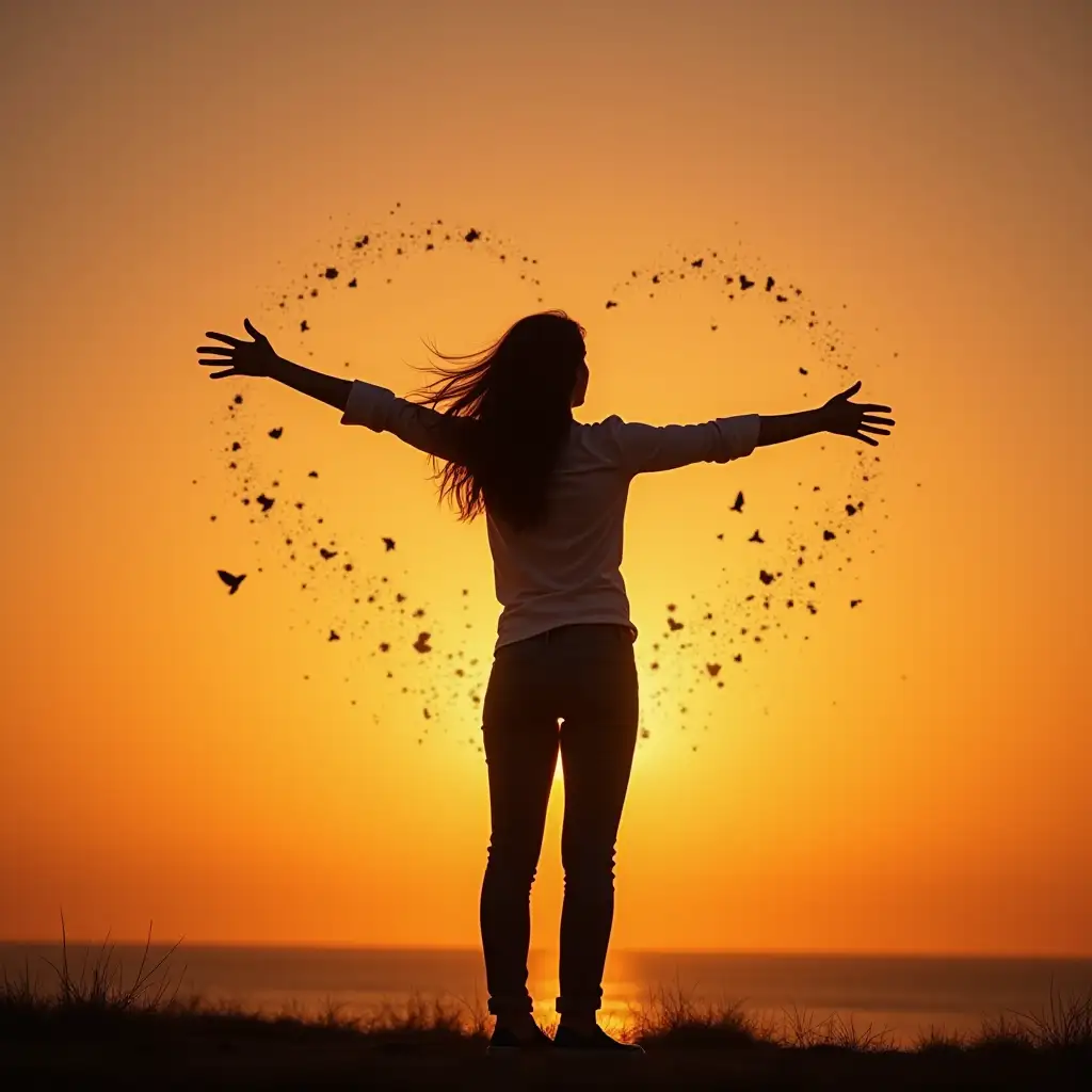 The silhouette of a woman standing with her arms open against the sunset, symbolizing her versatility and inspiration for men. Elements symbolizing career, family and love are swirling in the air