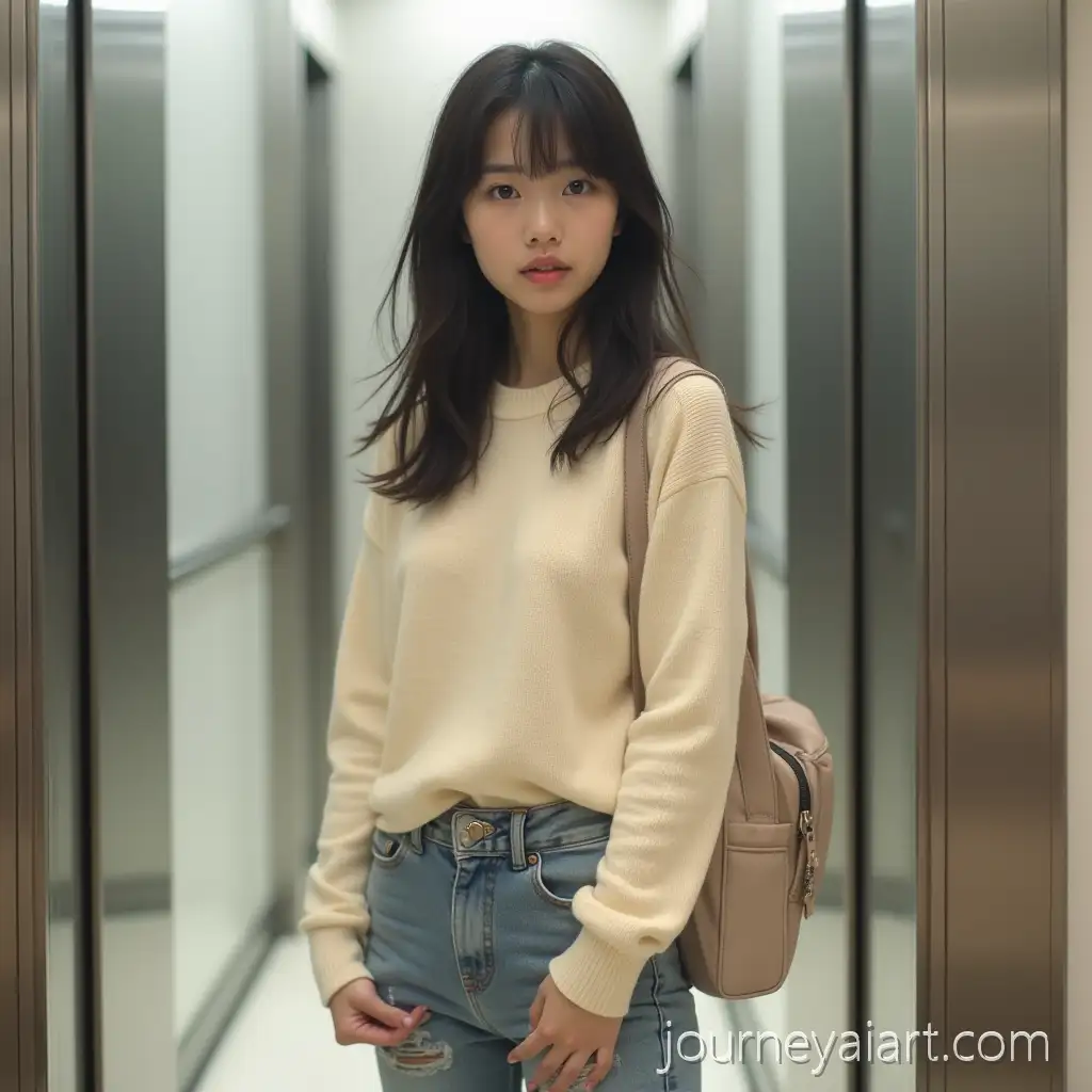 18YearOld-Asian-Girl-in-PastYuri-waiting-by-elevatorel-Sweater-Waiting-for-Elevator-with-Suitcases