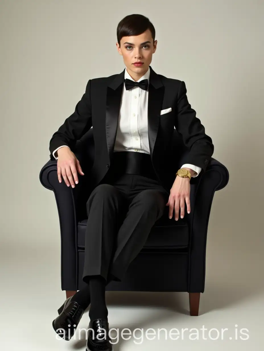 Elegant-Female-Italian-Movie-Actress-in-Mens-Tuxedo-Sitting-in-Chair