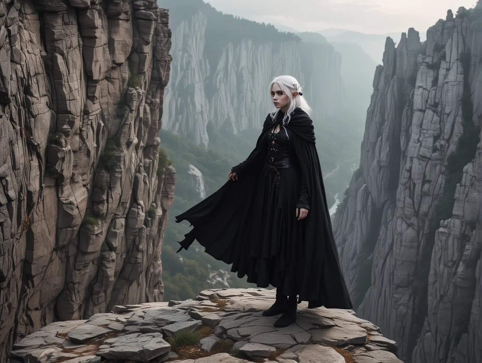 A drow girl with white hair and white skin in a black cloak with a bow in her hands stands on the edge of a cliff