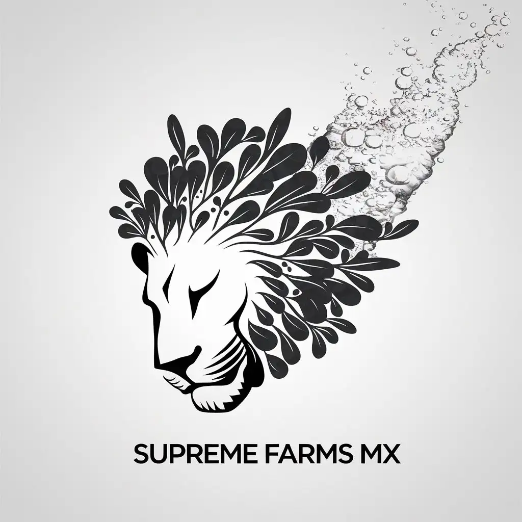 LOGO Design for Supreme Farms MX Black Minimalistic Lion Head with Microgreens and Cotyledon Mane