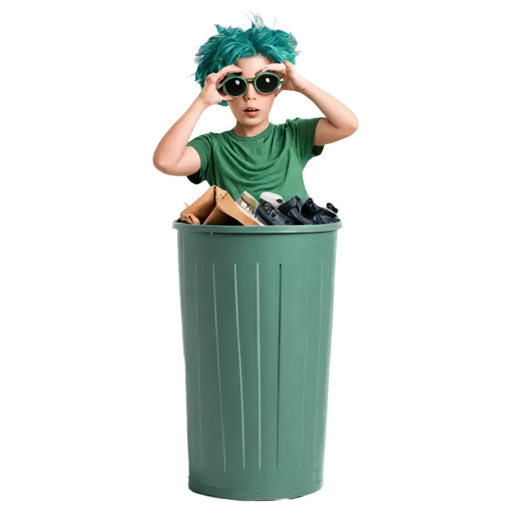 PNG-Image-Little-Green-Haired-Monster-with-Sunglasses-Peeking-from-Under-a-Rusty-Garbage-Can-Lid-Using-Binoculars